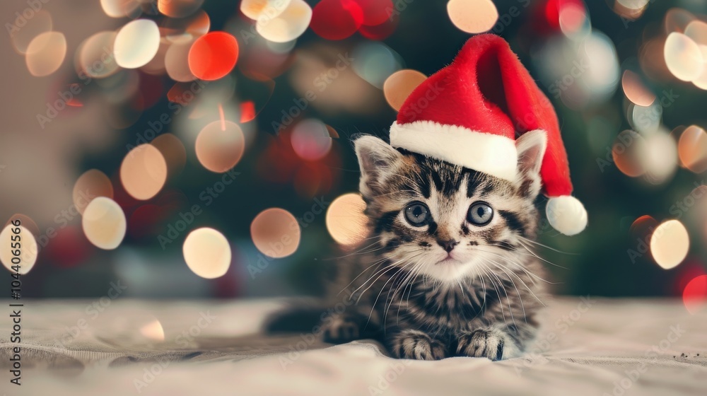 Kitten In Santa Hat Near Christmas Lights Kitten In Santa Hat Near Christmas Lights