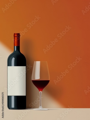 Red Wine Bottle and Glass on Beige Surface