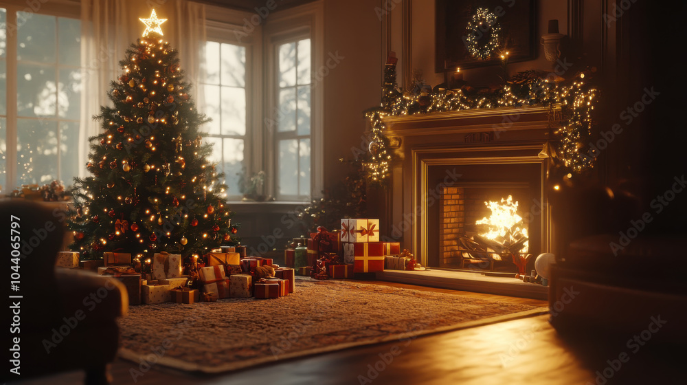 Cozy christmas eve scene with decorated tree and fireplace Cozy christmas eve scene with decorated tree and fireplace