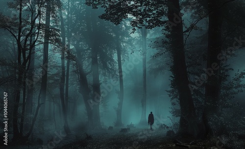 Mysterious Figure Walking Through Foggy Forest at Dusk