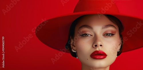 Close Up Portrait of a Woman Wearing a Red Hat and Red Lipstick