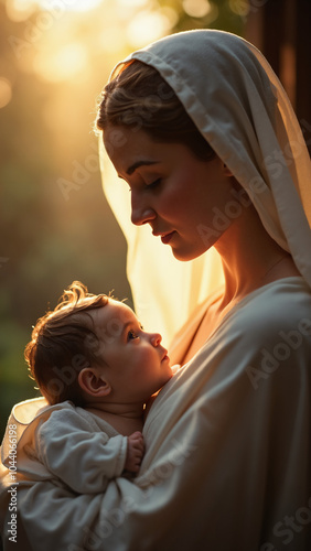 Virgin Mary and Baby Jesus: Spiritual Portrait for Religious Publications, Holiday Cards, and Faith-Based Marketing photo