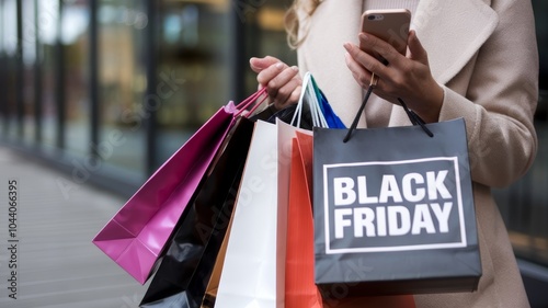 Woman shopping with Black Friday sale bags and smartphone.