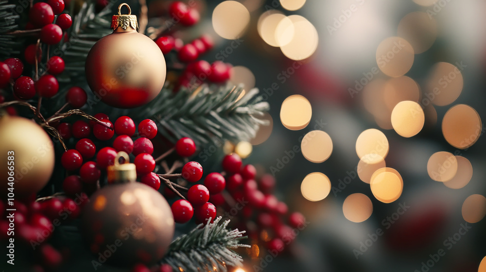 Obraz premium Festive christmas tree decor with red berries and golden ornaments