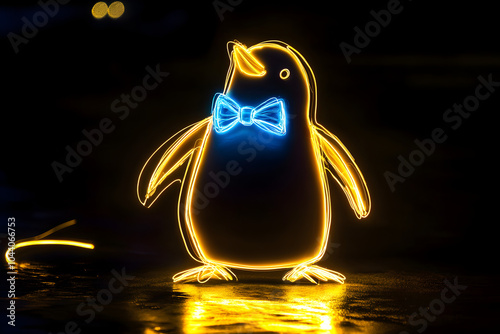 Neon silhouette of a penguin with blue bow tie isotated on black background. photo