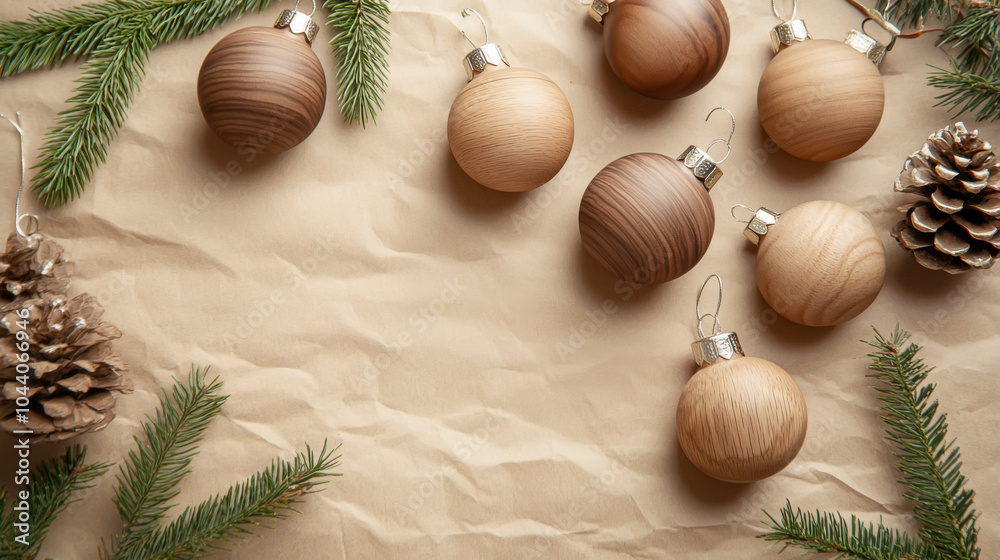 Wooden christmas ornaments on brown paper with pine cones and spruce branches Wooden christmas ornaments on brown paper with pine cones and spruce branches