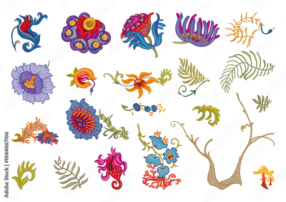 Obraz premium Fantasy, alien hypnotic flowers, decorative flowers and leaves. Cartoon style. Millefleurs trendy floral design. Clip art, set of elements for design Outline hand drawing vector illustration.