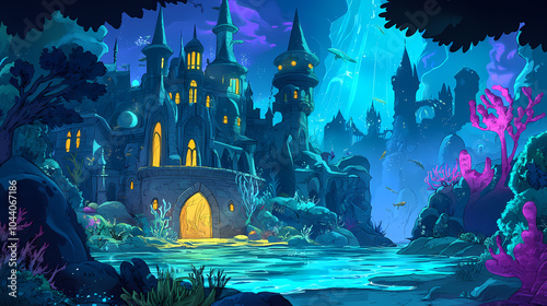 A hidden kingdom beneath the waves, where merfolk reign and vibrant marine life thrives. Merfolk Palace. Illustration photo