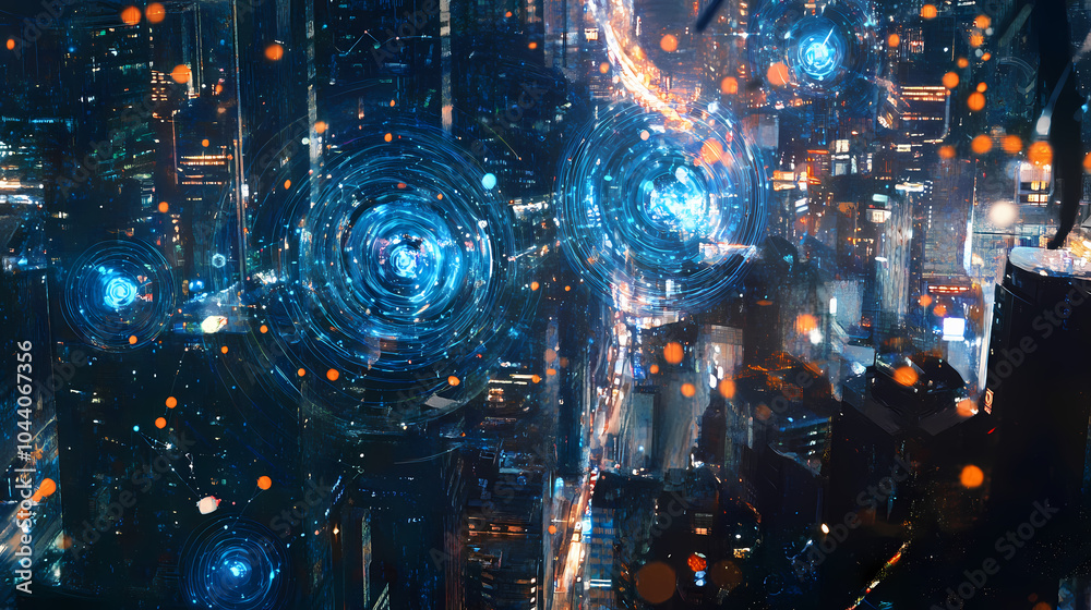A digital collage of qubits swirling in a quantum computer, with interconnected nodes glowing in various shades of blue, overlaid on a complex cityscape at night. Quantum Cityscape. Illustration A digital collage of qubits swirling in a quantum computer, with interconnected nodes glowing in various shades of blue, overlaid on a complex cityscape at night. Quantum Cityscape. Illustration