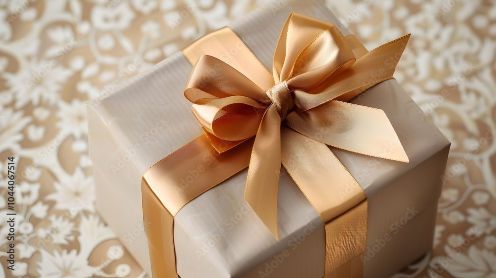 Elegant 3D Gift Box with Gold Ribbon Bow on Beige Pastel Patterned Background Elegant 3D Gift Box with Gold Ribbon Bow on Beige Pastel Patterned Background