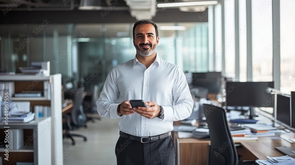 Fototapeta premium Confident Businessman Using Smartphone in Modern Office, Business Technology Concept.