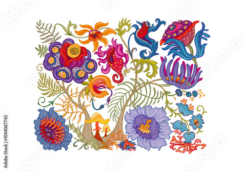 Fantasy, alien hypnotic flowers, decorative flowers and leaves. Cartoon style. Millefleurs trendy floral design. Clip art, set of elements for design Outline hand drawing vector illustration.