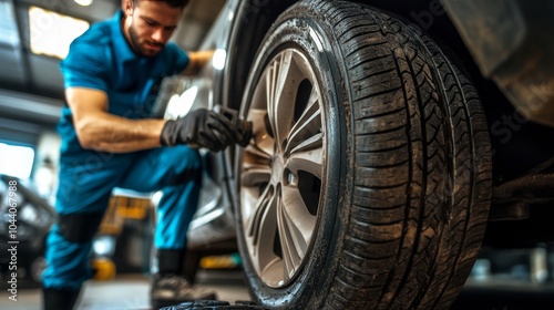 Technician replacing car tires in a garage, emphasizing the safety of road trips and the importance of automotive maintenance services. 