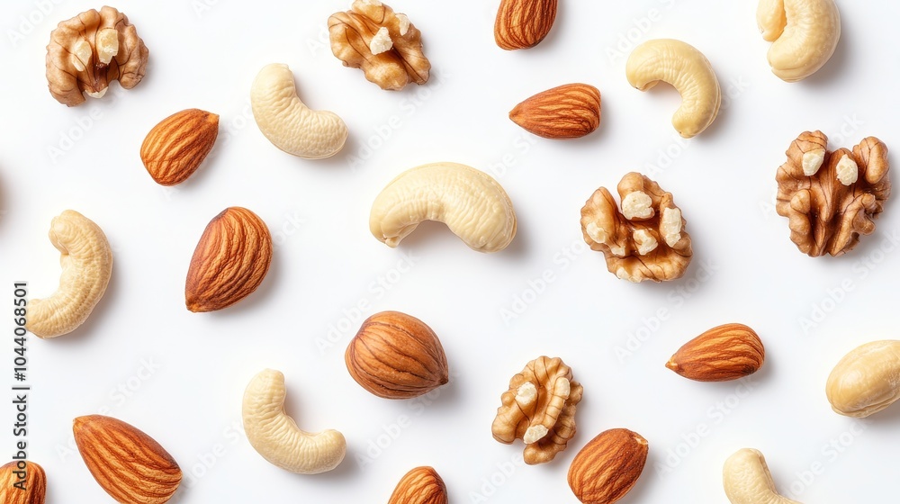 A Delicious Assortment of Nuts on White Background Pecans, Walnuts, Almonds, and Cashews A Delicious Assortment of Nuts on White Background Pecans, Walnuts, Almonds, and Cashews