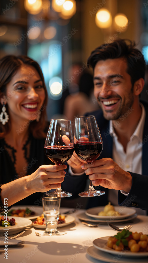 Diverse Friends Toasting with Red Wine at Upscale Restaurant: Perfect for Fine Dining, Wine Marketing, and Social Event Promotions Diverse Friends Toasting with Red Wine at Upscale Restaurant: Perfect for Fine Dining, Wine Marketing, and Social Event Promotions