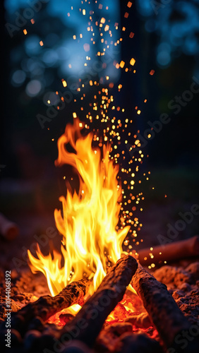 Enchanting Campfire Sparks: Vibrant Flames Against Night Sky - Perfect for Outdoor Adventure Marketing photo