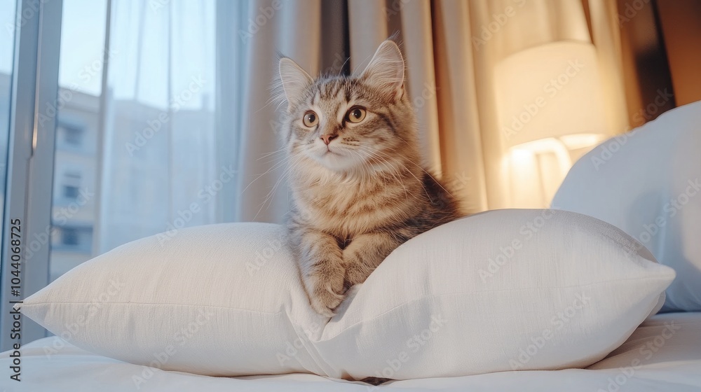 A ginger cat lounges comfortably on a white couch, enjoying the soft light from the window, creating a peaceful and inviting atmosphere in the living room