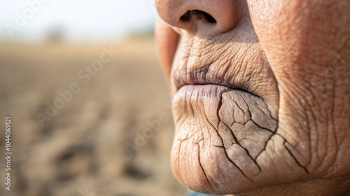 The cracked lips of a drought-stricken farmer gazing at barren fields, Depicting agricultural hardship amidst climate change, close-up photography style photo