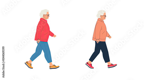 Elderly Women Walking Gracefully on White Background Generative AI