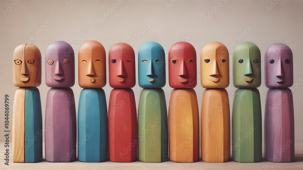 Colorful Wooden figure peg dolls. creative thinking and human resources, Recruitment employee concept AI generated image, ai Colorful Wooden figure peg dolls. creative thinking and human resources, Recruitment employee concept AI generated image, ai
