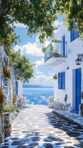 Fototapeta Naklejka Na Ścianę i Meble -  Beautiful greek island white houses blue sea majestic ocean view picture
