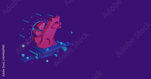 Pink raccoon symbol on a pedestal of abstract geometric shapes floating in the air. Abstract concept art with flying shapes on the left. 3d illustration on deep purple background photo