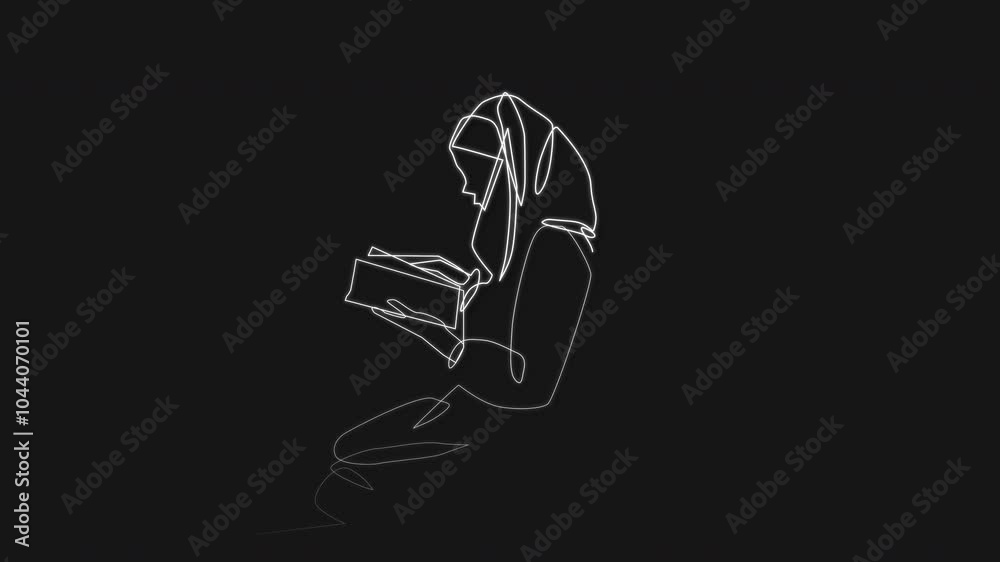 Animation, nun and bible for prayer with black background, lines and symbol for light with reading. Pattern, graphic and drawing with Christian art, worship and peace with gospel book for belief Animation, nun and bible for prayer with black background, lines and symbol for light with reading. Pattern, graphic and drawing with Christian art, worship and peace with gospel book for belief