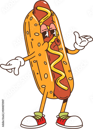 Cartoon retro groovy fast food hotdog character. Junk restaurant snack, takeaway cafe meal or fast food menu hotdog childish funky isolated vector personage. Street snack hippie cute character