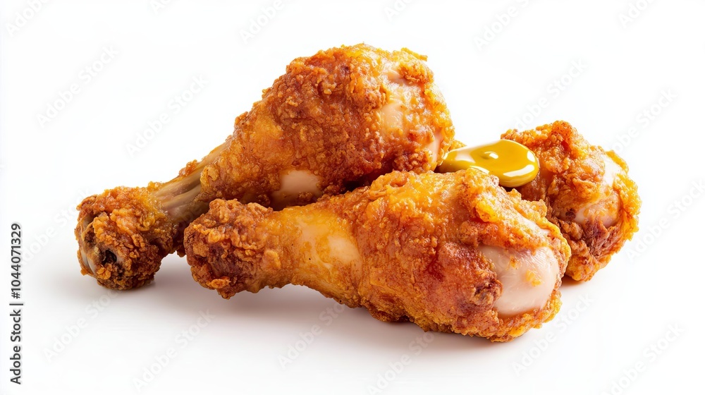 Fried chicken drumstick with honey mustard, food element, hyper-realistic, golden crispy batter, isolated on white background Fried chicken drumstick with honey mustard, food element, hyper-realistic, golden crispy batter, isolated on white background