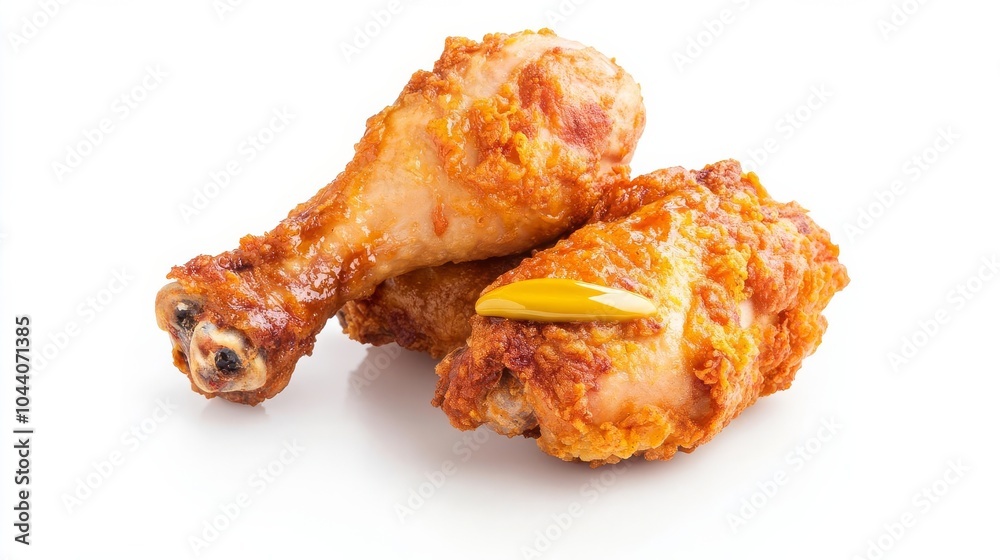 Fried chicken drumstick with honey mustard, food element, hyper-realistic, golden crispy batter, isolated on white background Fried chicken drumstick with honey mustard, food element, hyper-realistic, golden crispy batter, isolated on white background