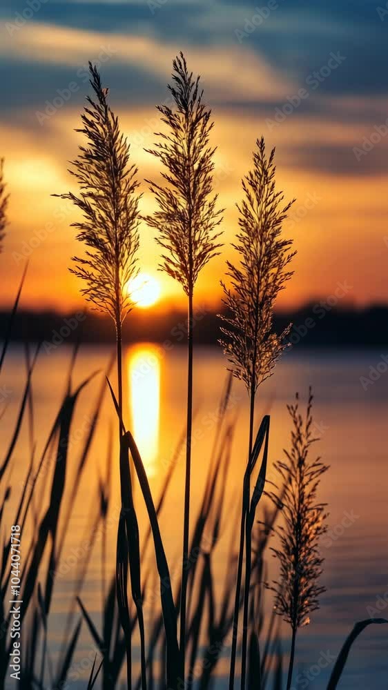 Sunset on tranquil lake with silhouette of Sunset on tranquil lake with silhouette of