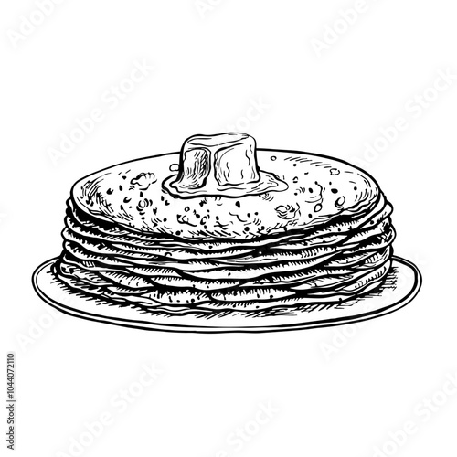 Pancakes on a plate with butter. Vector graphic drawing of pancakes. Black and white hand-drawn illustration. On a white background. For menus, posters or labels, for cooking recipes and invitations.