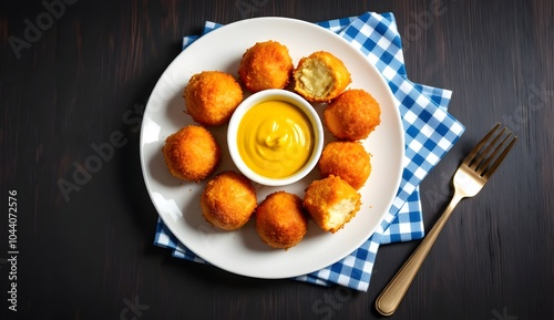 Crispy Bitterballen with Mustard Dipping Sauce on a White Plate (Dutch Cuisine)