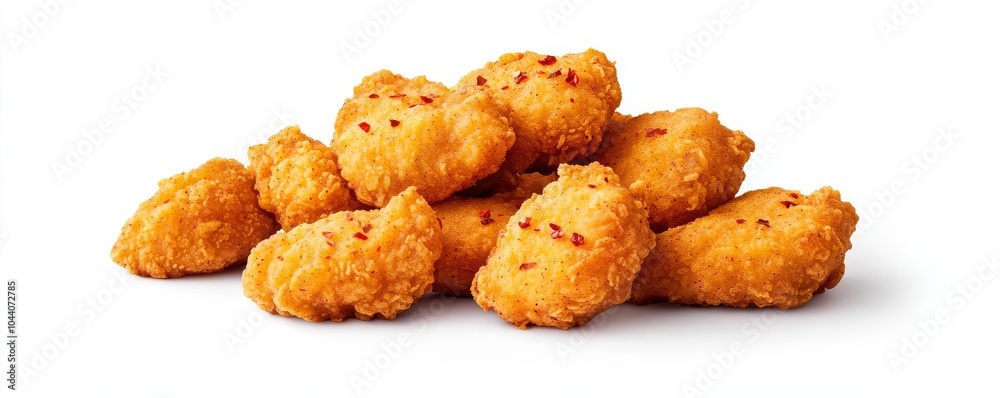 Fried chicken nuggets with chili flakes, food element, hyper-realistic, crispy golden batter, isolated on white background Fried chicken nuggets with chili flakes, food element, hyper-realistic, crispy golden batter, isolated on white background