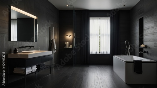 Modern bathroom with black walls, wooden floor, white tub, and large window.