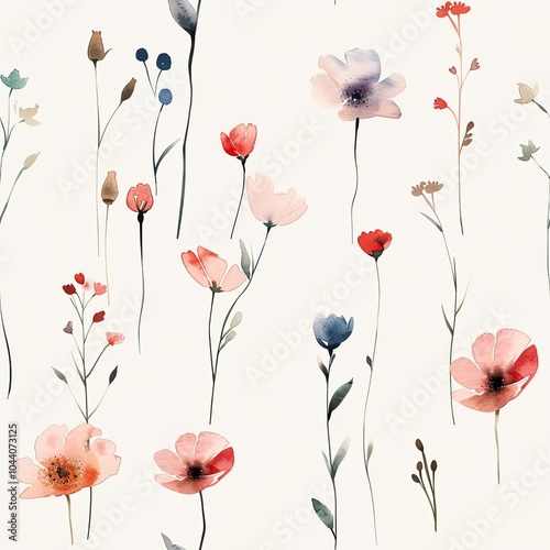 Delicate watercolor floral pattern featuring various colorful flowers on a light background