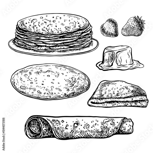 Clip art with pancakes. Vector graphic set of drawings with pancakes. Black and white hand-drawn illustration of food. On a white background. For menus, posters, label, for cooking recipe, invitation