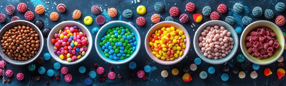 Several bowls of candy are lined up on a table, food background, banner, copy space Several bowls of candy are lined up on a table, food background, banner, copy space