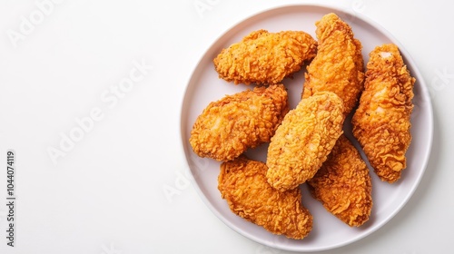 Fried chicken tenders on a plate, food element, top view, crispy texture, isolated on white background