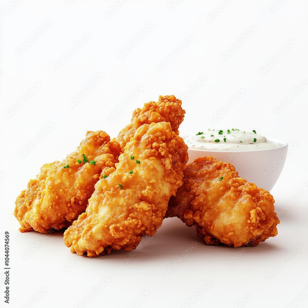 Fried chicken tenders with garlic dip, food element, 3D render, crunchy batter, isolated on white background Fried chicken tenders with garlic dip, food element, 3D render, crunchy batter, isolated on white background