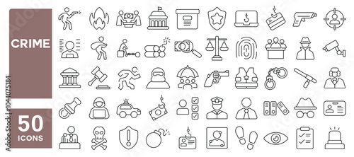 Set of 50 line icons related to crime, thief, jail, arrest, theft, handcuffs, weapon, suspect, Editable stroke. Vector illustration