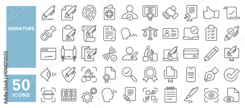 Set of 50 line icons related to signature, contract, document, pen, identity, approved, legal, certificate, license, Editable stroke. Vector illustration