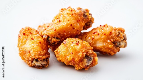 Golden fried chicken wings with chili flakes, food element, detailed, crispy and crunchy, isolated on white background