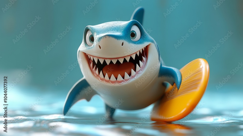 Fototapeta premium 3D cartoon shark with a surfboard, looking excited