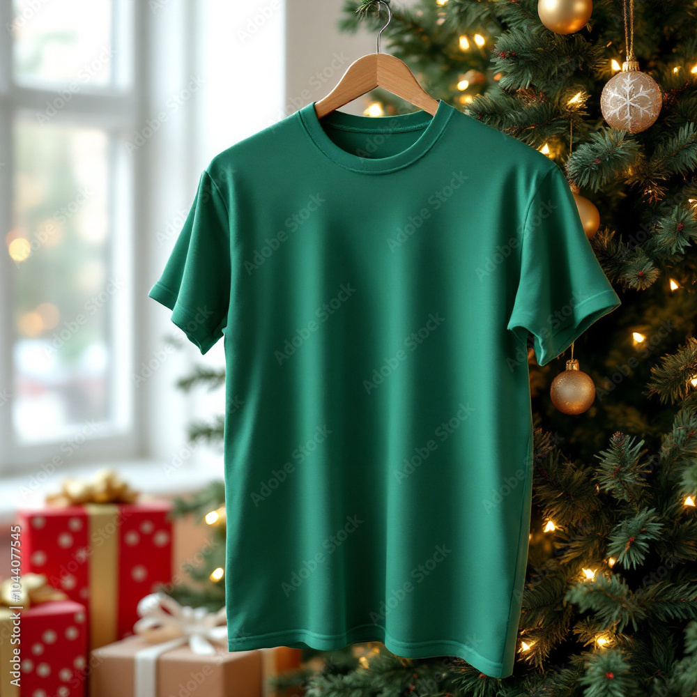 A plain green t-shirt hangs on a wooden hanger in front of a decorated Christmas tree A plain green t-shirt hangs on a wooden hanger in front of a decorated Christmas tree