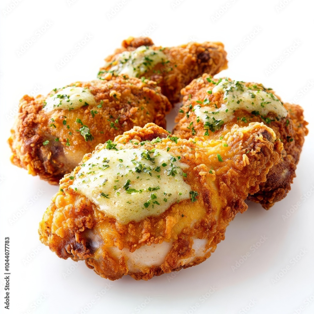 Southern fried chicken thigh with garlic butter, food element, realistic, golden crispy batter, isolated on white background Southern fried chicken thigh with garlic butter, food element, realistic, golden crispy batter, isolated on white background