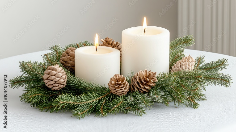 Three white candles of varying heights are lit and arranged on a table, accented by green pine branches, creating a warm and inviting atmosphere for winter gatherings Three white candles of varying heights are lit and arranged on a table, accented by green pine branches, creating a warm and inviting atmosphere for winter gatherings