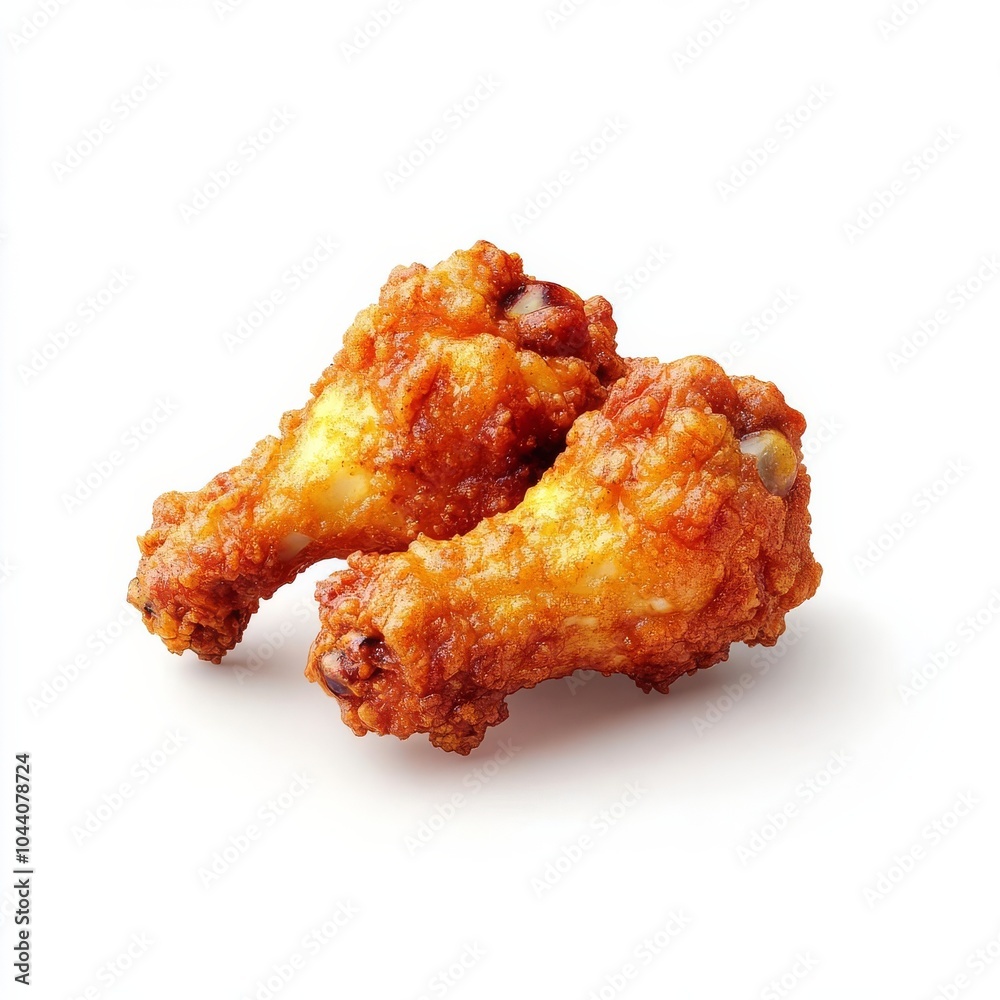 Spicy fried chicken wing, food element, realistic 3D, golden crispy coating, isolated on white background Spicy fried chicken wing, food element, realistic 3D, golden crispy coating, isolated on white background