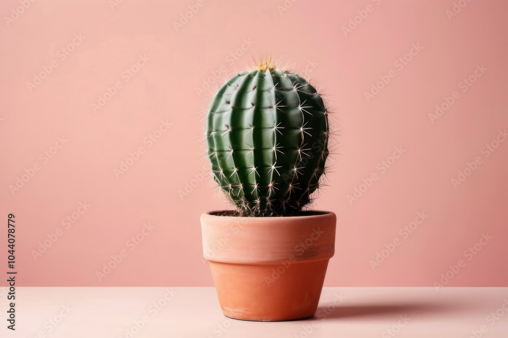 Single cactus plant in terracotta pot placed on pastel pink background. Minimalistic and clean design offers fresh, modern aesthetic. For home decor, botanical themes, and simple, stylish compositions Single cactus plant in terracotta pot placed on pastel pink background. Minimalistic and clean design offers fresh, modern aesthetic. For home decor, botanical themes, and simple, stylish compositions