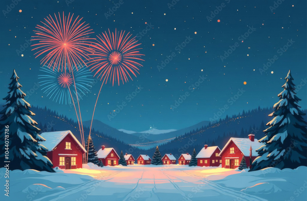 Fototapeta premium New Year fireworks, suburb view, Christmas tree and building in the background, starry night